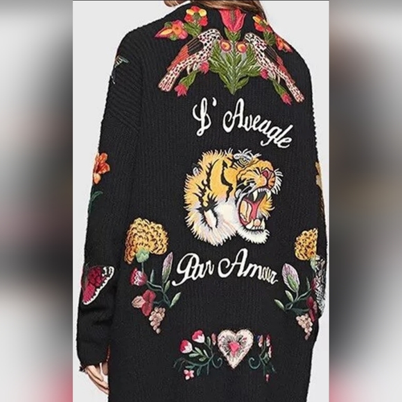 Oserjep Longline Embroidered Tiger Knit Patchwork AMAZING Cardi OS - Picture 2 of 16